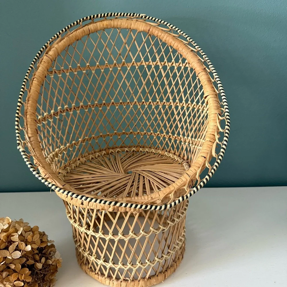 Vintage Wicker Woven Peacock Chair Rattan Woven Doll Chair Plant Stand